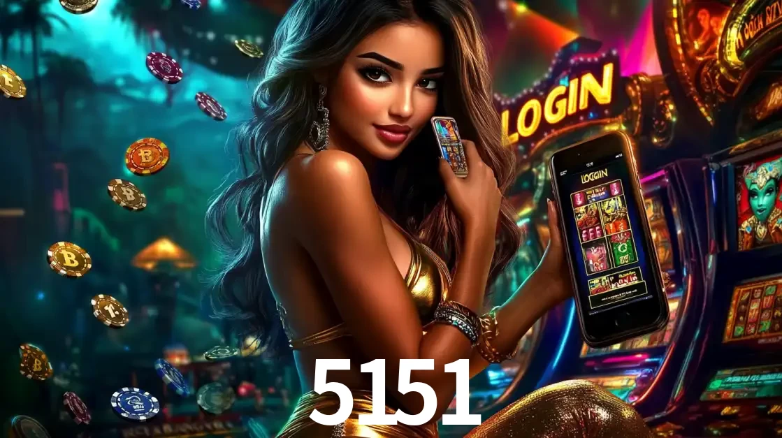 Mulher em um cenário de cassino temático de aventura, mostrando o app de caça-níqueis da 5151 no celular. Fichas de apostas flutuam ao redor.