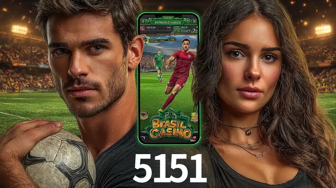 Homem segurando uma bola de futebol e uma mulher ao lado de um smartphone exibindo o jogo de apostas esportivas da 5151. Faça seu palpite no cassino online.